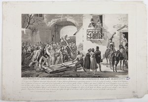 Innbyggerne som deponerer Grenoble-portene ved keiserens føtter, 6. mars 1815, utgitt av Martinet, 1815 av French School