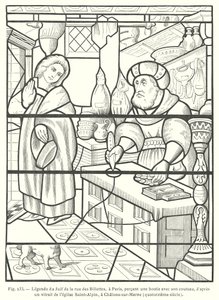 Jøden i Rue des Billettes, Paris, vanhelliget verten ved å stikke hull i den med kniven, etter et glassmaleri fra 1300-tallet i kirken Saint-Alpin, Chalons-sur-Marne, Frankrike (gravering) av French School