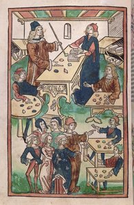 The Jewellers Shop, 1491 (farget tresnitt) av French School