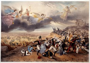 Guds dom. Apokalypsens engler blåser i trompeter og kunngjør den siste dommen før monarkene og andre hovedpersoner i fransk historie, Napoleon I og representanter for det gamle regimet brenner i helvetes flammer. Illustrasjon laget av French School
