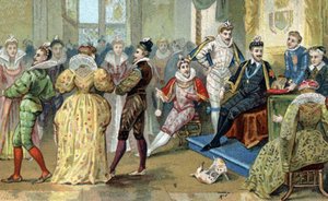 The King of France Henry III (1551-1589) surrounds his cuties. Chromolithography of the late 19th century av French School