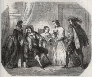 The King of France Louis XIII (1601-1643) is caught with migraine when he speaks to Queen Anne of Austria (1601-1666). Engraving from 1871 in “Histoire Des Cocus Celebres”” by Henry de Kock (1819-1892). av French School
