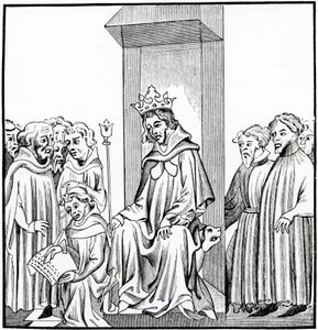 Kongen av frankerne dikterer den saliske loven, etter en miniatyr i Chronicles of St. Denis av French School