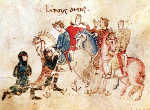 Knights Esclabor og Arphasar tilbyr sine tjenester til kong Arthur, fra Roman de Meliadus av French School