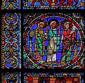 The Life of Christ-vinduet: Tre helgener som deltar på presentasjonen i tempelet (med neste panel) (w50) av French School