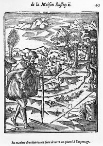 The Way in which to Reduce any form of Ground to the Surveying Square, illustrasjon fra LAgriculture et Maison Rustique av Charles Estienne, utgave publisert 1641 av French School