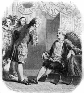 Markisen de Puysieulx tar imot Philippe Nericault Destouches (1680-1754) og hans gruppe med omreisende komikere. Gravering fra 1858-1859. av French School