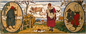 Melkepiken og melkekannen, fra «Fables» av Jean de La Fontaine (1621–95), varekort for sveitsiske sjokolader av typen «Peter, Cailler, Kohler» (fargelitografi) av French School