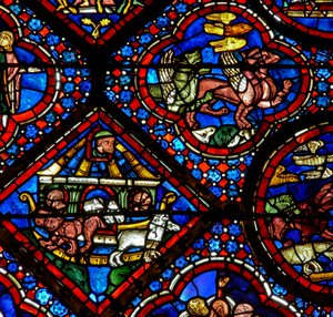 Noah-vinduet: Noah ser på dyrene når de forlater arken (w47) av French School