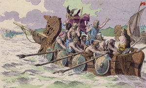 Normannerne ankommer Paris, 885 (fargelitografi) av French School