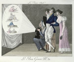 The Old Style, ser på en projeksjon av 1700-tallsbilder fra en magisk lanternefilm, illustrasjon fra Le Bon Genre av French School