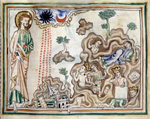Åpningen av det sjette seglet: et jordskjelv finner sted og solen blir svart. Månen blir blodrød. konger, herrer og rike menn søker tilflukt i hulene" Miniatyr hentet fra "The Apocalypse of Cambrai""" opplyst av den franske skolen i det 13. av French School