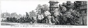 Pagoden, moskeen og Alhambra eller det mauriske tempelet i Kew, fra Jardins Anglo-Chinois a la Mode, av George Louis le Rouge, utgitt 1775-78 av French School