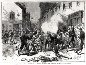 Paris-kommunen: En barrikade ved Issy, 2. mai 1871 (gravering) (bw-foto) av French School