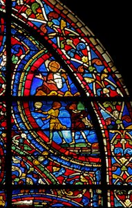 The Prodigal Son-vinduet: butlere serverer måltidet; en engel (w35) av French School