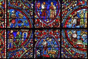 The Prodigal Son-vinduet: forskjellige scener (w35) av French School