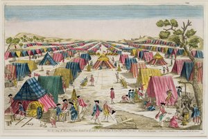 Den prøyssiske hærleiren, tegnet fra livet på markene i Pommern, gravert av Vale, ca. 1750 (håndfarget gravering) av French School