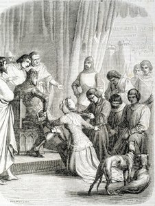 Dronningen av England (Philippa de Hainaut) ber takk til ektemannen Edward III for innbyggerne i Calais (episode av de 6 borgerlige i Calais) av French School
