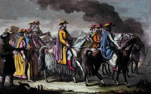 Regent of Tibet og hans tilhengere (akvarell på papir) av French School