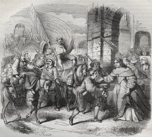 The Return of Gonesse, episode av Fronde: «Lady of Paris» ønsker velkommen til «Lady of Aubervilliers» og «Nouricier Gonesse» som kom for å forsyne henne. Gravering frondeuse 1649 - gravering i "Paris a travers les siecles"" av H. Gourdon de av French School