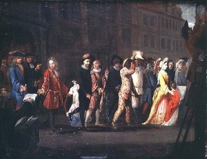 The Return of the Comediens etter undertrykkelsen av Comedie Italienne, 1697 av French School