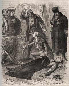 The Russian Emperor Peter III (1728-1762), assigned a residence, was assassinated by order of his wife Catherine II, who had just overthrown him and took power, by Alexei Orlov (1737-1808) and his guards on 17 July 1762. Engraving from 1871 in “Histoire De av French School