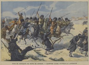 Den russisk-japanske krigen: kosakker overrasker en japansk patrulje i et raid nord for Gensan, Korea (farge litho) av French School