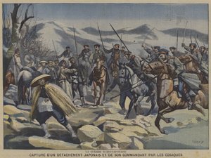 Den russisk-japanske krigen: en japansk avdeling og deres kommandør tatt til fange av kosakker (farge litho) av French School