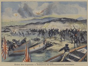 Den russisk-japanske krigen: et forsøk på landing av japanske tropper avvises (farge litho) av French School