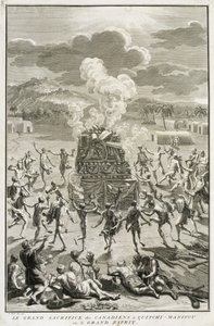 The Sacrifice to Quitchi-Manitou, eller The Great Spirit, av kanadierne, illustrasjon fra religiøse seremonier og skikker, gravert av Bernard Picart (1673-1733) 1723 av French School