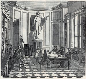 The School of Medicine of Paris - en eksamen i instrumentrommet - Gravering i "Tableau-de-Paris" av Edmond Texier 1852 av French School