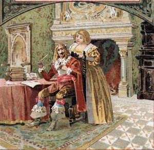 Sire of Beringhen og Madame du Fargis planla mot Richelieu (Armand Jean du Plessis, kardinal av Richelieu (1585-1642), minister for Louis XIII, ved Chateau of Azay-le-Rideau (Azay le Rideau) (Indre-et- Loire). Kromolitografi fra slutten av det 19 av French School