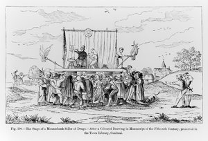 The Stage of a Mountebank Seller of Drugs, illustrasjon fra vitenskap og litteratur i middelalderen og renessansen, skrevet og gravert av Paul Lacroix, 1878 av French School