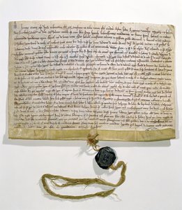 Statuttene for universitetet i Paris, produsert og gitt av kardinal Robert de Courson, pavelig legat, i august 1215 (vellum og voks) av French School