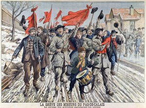 Gruvearbeidernes streik i Pas-de-Calais, prosesjonen av streikende i gruvelandsbyen, fra Le Petit Journal, 1. april 1906 (fargegravering) av French School