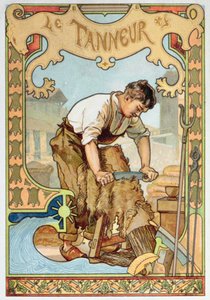 The Tanner, illustrasjon fra en bok om håndverk, ca. 1899 (farge litho) av French School