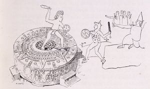 Temalacati, eller Gladiatorial Stone, fra Codex Ramirez, fra "The Ancient Cities of the New World", av Claude-Joseph-Desire Charney, pub. 1887 av French School