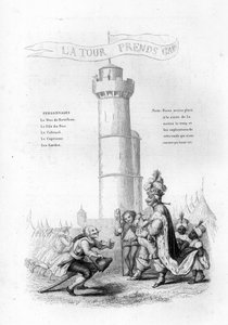 Tårnet er forsiktig. En oberst med en pistol kommer ned til kongen, etterfulgt av sider. Gravering i "" Chants et chansons populaire de la France", Tome 2 av French School