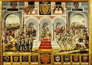 Cateau-Cambresis-traktaten og omfavnelsen av Henri II (1519-59) av Frankrike og Filip II (1527-98) av Spania, 2.-3. april 1559 av French School