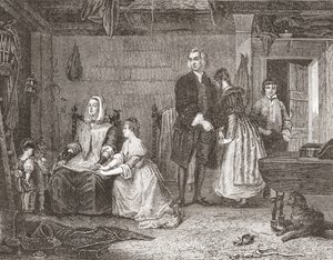 Vicar of Wakefield forsoner sin kone med Olivia, etter maleriet av Gilbert Stuart Newton. Fra Histoire des Peintres, École Anglaise, utgitt 1867 (litho) av French School