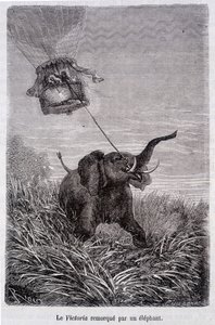 Victoria slept av en elefant - i "Fem uker i ballong", roman av Jules Verne av French School
