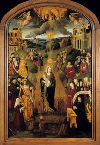 Jomfruen med hvete Kong Ludvig XII (1462-1515) og pave Alexander VI (1431-1503) er til stede. Den allmektige Gud som holder kloden velsignet scenen mens Den Hellige Ånd beskyttet jomfruen og barnet. Maleri på tre fra den franske skolen på 1500-tallet av French School