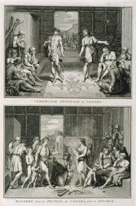 Bryllupsseremonien og skilsmissemåten i Canada, illustrasjon fra religiøse seremonier og skikker, gravert av Bernard Picart (1673-1733) 1723 av French School