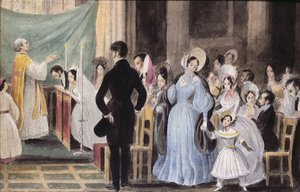 Bryllupsseremonien, ca. 1830 (wc på papir) av French School