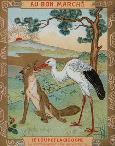 The Wolf and the Crane, en av Aesops fabler (chromolitho) av French School