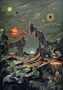 The World of Four Moons and Four Suns, illustrasjon fra LAstronomie Populaire skrevet av Camille Flammarion (1842-1925) 1881 av French School