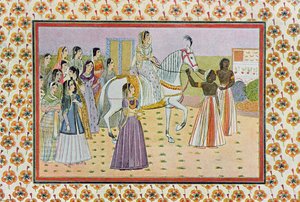 Den unge jenta med et månelignende ansikt som rir på en hvit hest, illustrasjon fra The Arabian Nights, 1895 (fargegravering) av French School