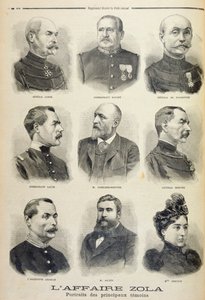 Zola-affæren: portretter av hovedvitnene, illustrasjon fra det illustrerte tillegget til Le Petit Journal, 27. februar 1898 (lito) av French School