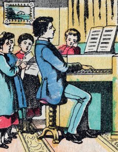 Aktivitetene for jenter fra gode familier: læring av musikk - Epinalt bilde - 1800-tallet (gravering) av French School