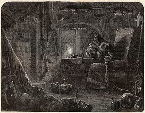 Alkymisten, etter å ha lovet å lage gull, jobber i laboratoriet sitt: Alkymisten på 1600-tallet - i "Paris a travers les cules"" av Nicolas Jules Henri Gourdon de Kennouillac (1826-1898) av French School